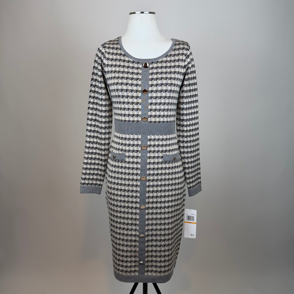 NWT Nina Leonard Gray Houndstooth Knit Midi Sheath Dress Womens Small Office